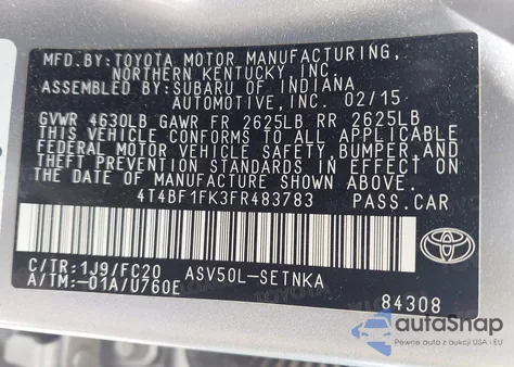 2015 Toyota Camry Le z USA, uszkodzony, nr VIN 4T4BF1FK3FR483783
